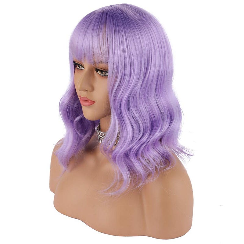 eNilecor Lavender Purple Wig Short Colorful colored Curly Wavy Synthetic Bob Wigs with Air Bangs 14" Natural Lilac Neon Wigs for Women - Image 3